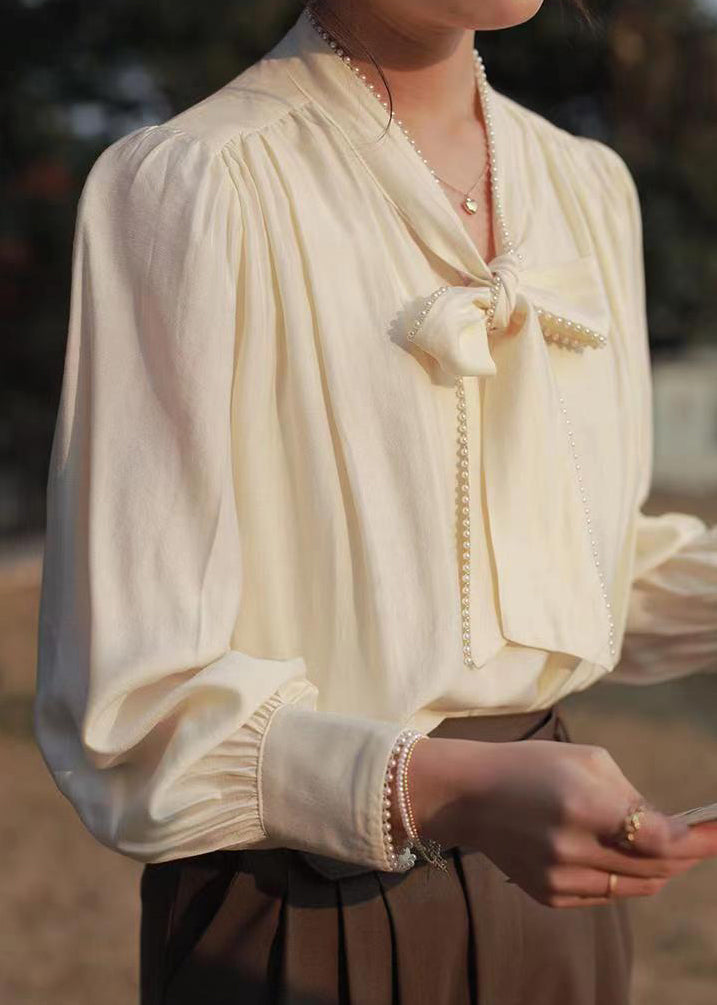 Classy Apricot Lace Up Pearl Patchwork Cotton Blouses Fall