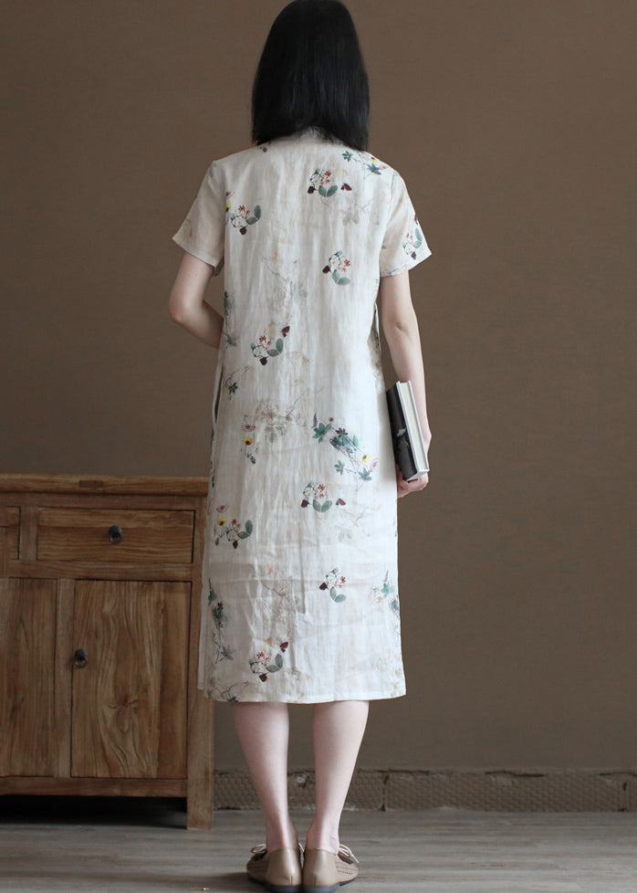 Classy Apricot Mandarin Collar Print Side Open Linen Chinese Style Dresses Short Sleeve
