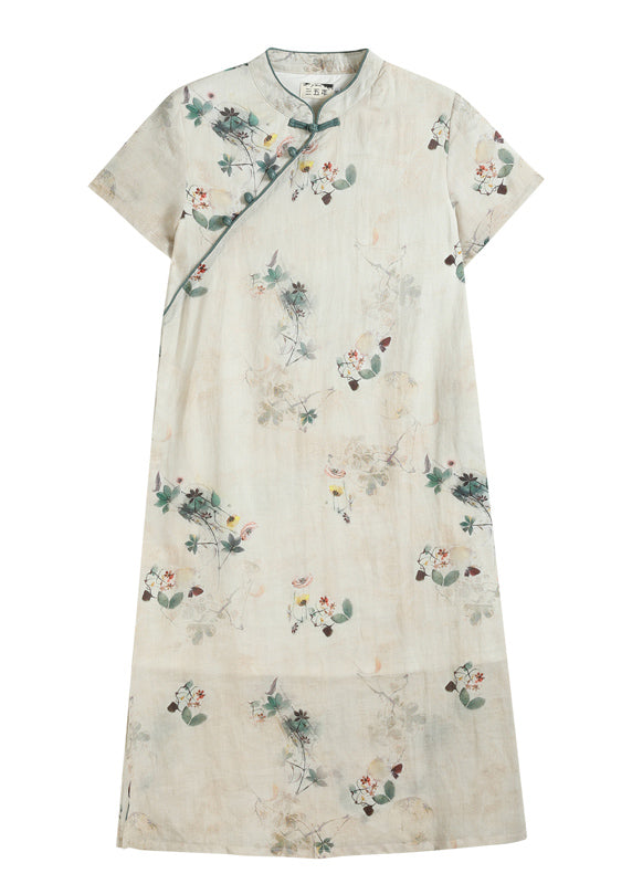 Classy Apricot Mandarin Collar Print Side Open Linen Chinese Style Dresses Short Sleeve