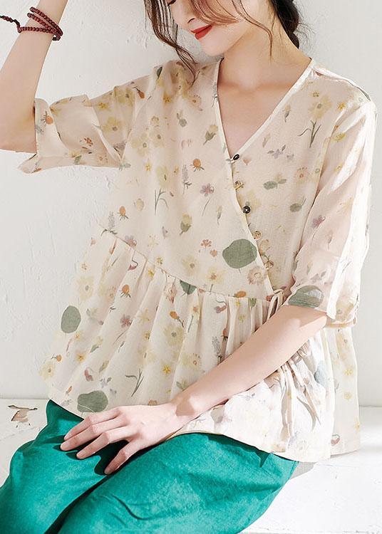 Classy Apricot Print Button Summer Ramie Half Sleeve - Omychic