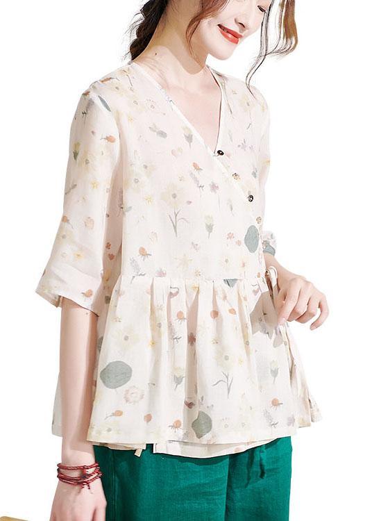 Classy Apricot Print Button Summer Ramie Half Sleeve - Omychic