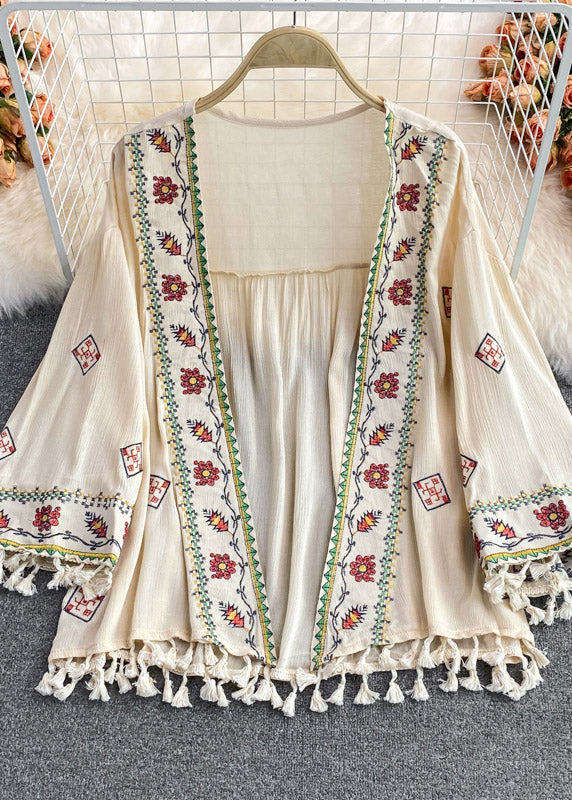 Classy Apricot V Neck Embroideried Tassel Cardigan Summer