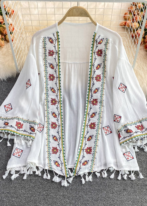 Classy Apricot V Neck Embroideried Tassel Cardigan Summer