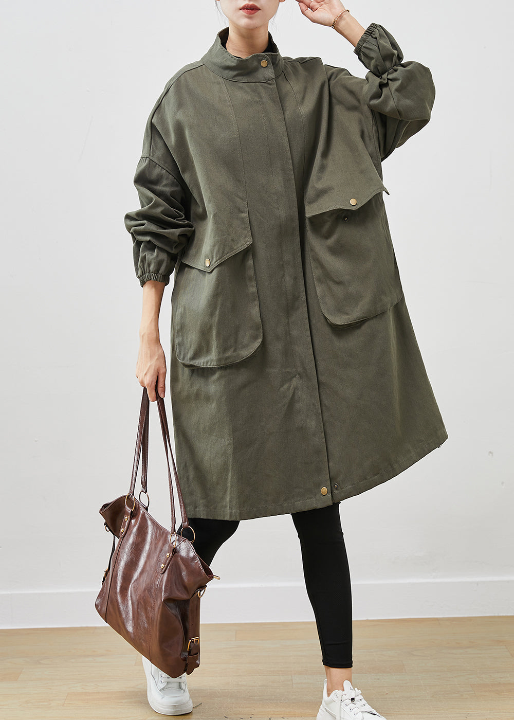 Classy Army Green Oversized Pockets Cotton Coat Outwear Spring