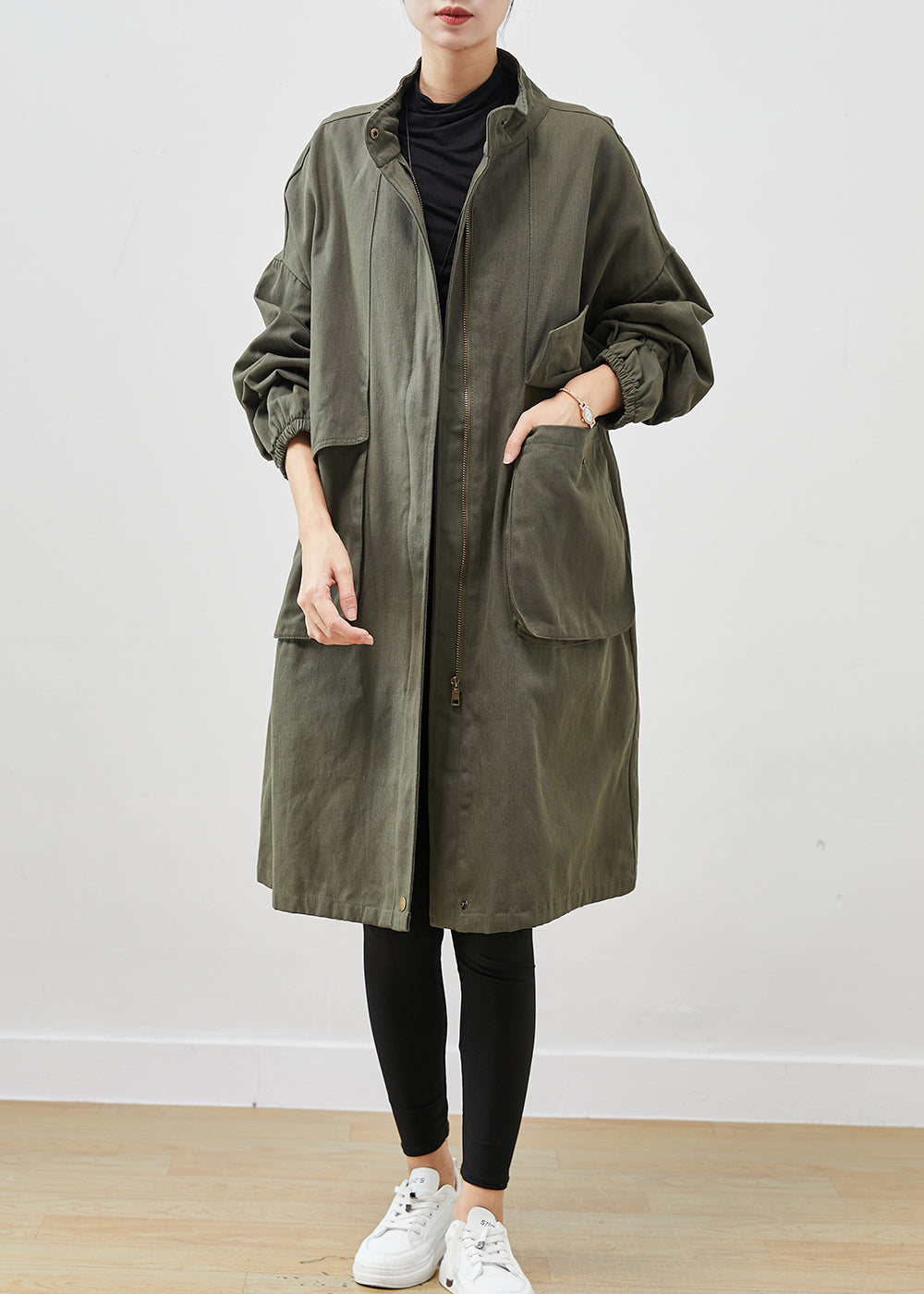 Classy Army Green Oversized Pockets Cotton Coat Outwear Spring
