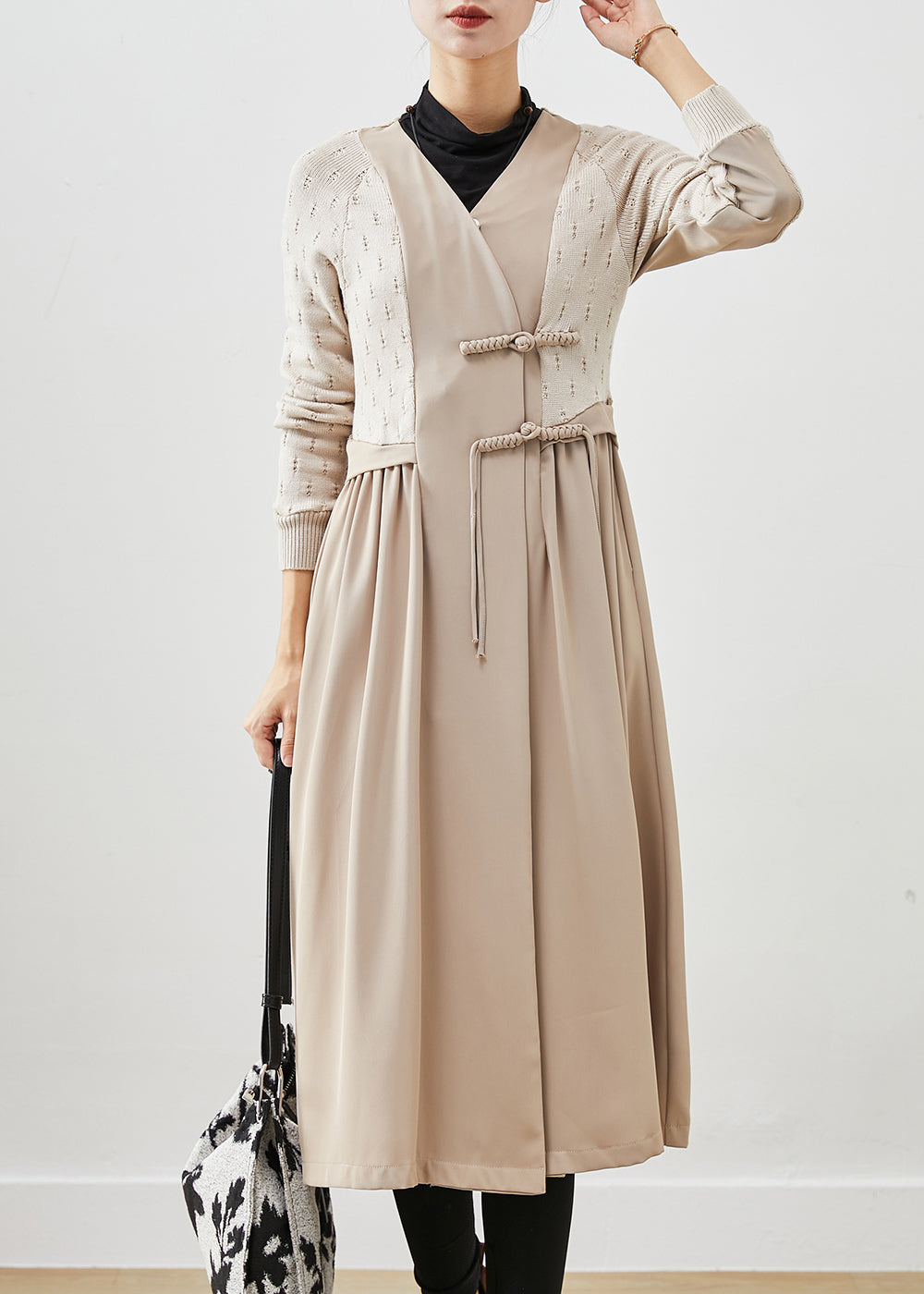 Classy Beige Chinese Button Knit Patchwork Cotton Long Dress Fall