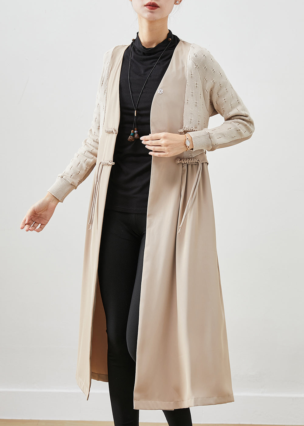 Classy Beige Chinese Button Knit Patchwork Cotton Long Dress Fall