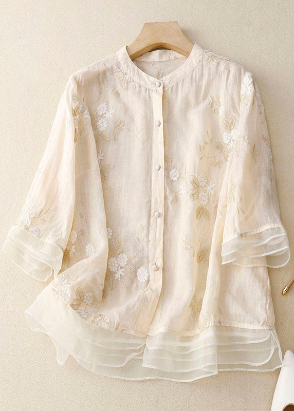 Classy Beige Embroideried Button Patchwork Cotton Shirt Tops Summer