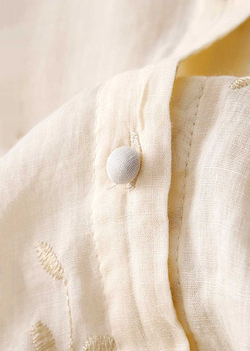 Classy Beige Embroideried Button Patchwork Cotton Shirt Tops Summer