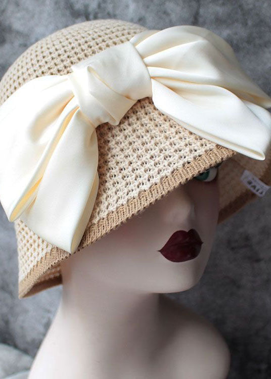 Classy Beige Silk Bow Straw Woven Bucket Hat