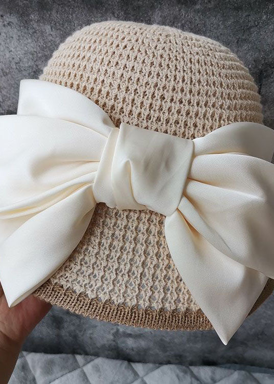 Classy Beige Silk Bow Straw Woven Bucket Hat