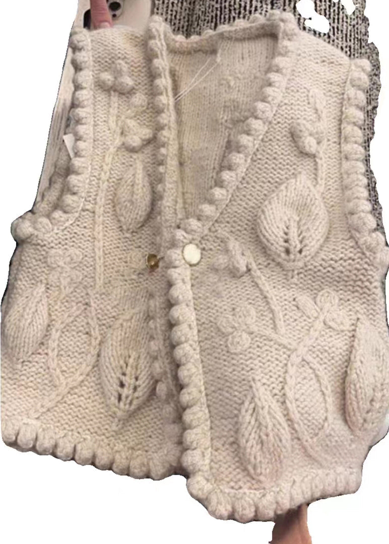 Classy Beige V Neck Button Patchwork Cotton Knit Waistcoat Sleeveless