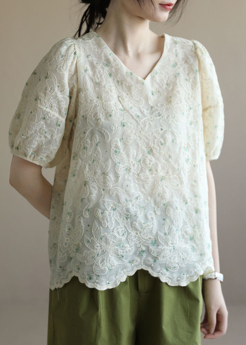 Classy Beige V Neck Embroideried Wavy Edge Chiffon Blouses Lantern Lleeve