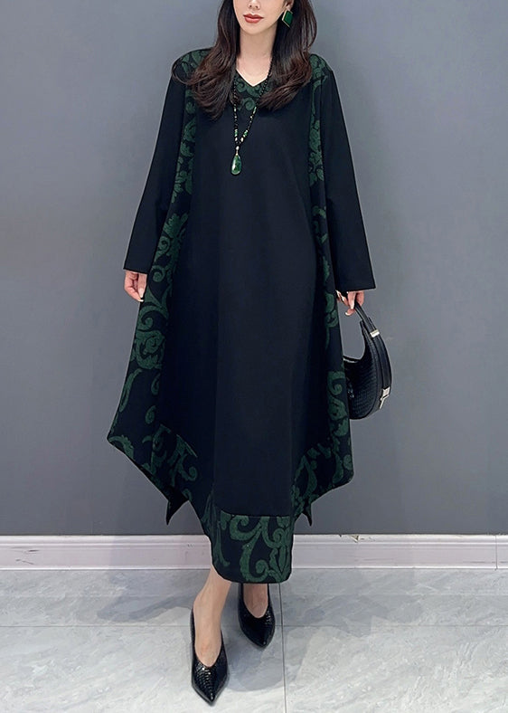 Classy Black Asymmetrical Print Patchwork Cotton Dresses Long Sleeve