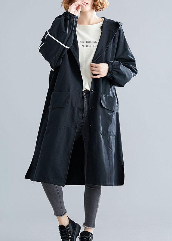 Classy Black Button Pockets Loose Fall Long sleeve Hooded Coat - Omychic