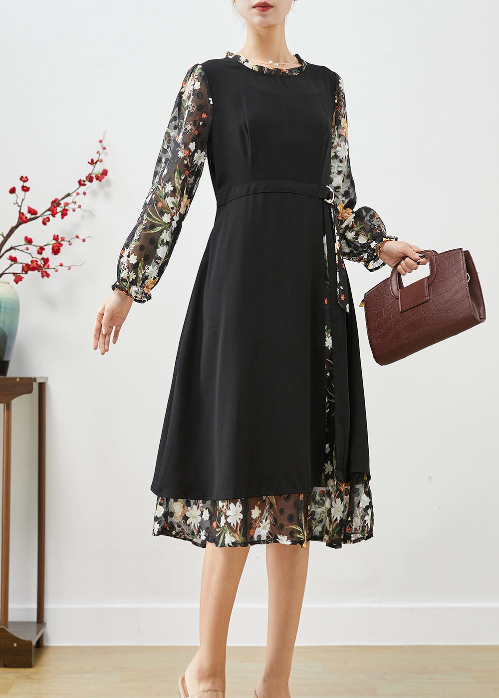 Classy Black Cinched Patchwork Silk Fake Two Piece Dress Fall