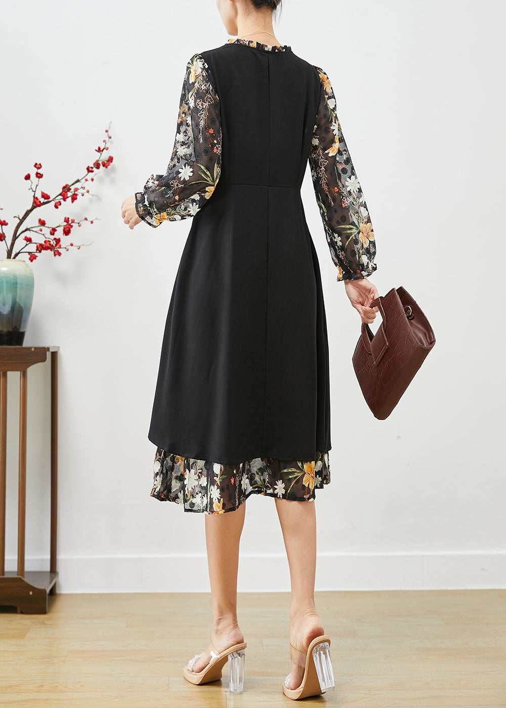 Classy Black Cinched Patchwork Silk Fake Two Piece Dress Fall