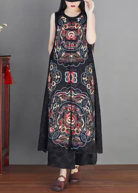 Classy Black Embroideried Chinese Button Patchwork Silk Long Waistcoat Sleeveless