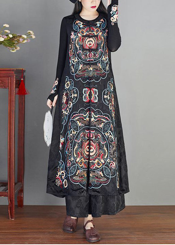 Classy Black Embroideried Chinese Button Patchwork Silk Long Waistcoat Sleeveless