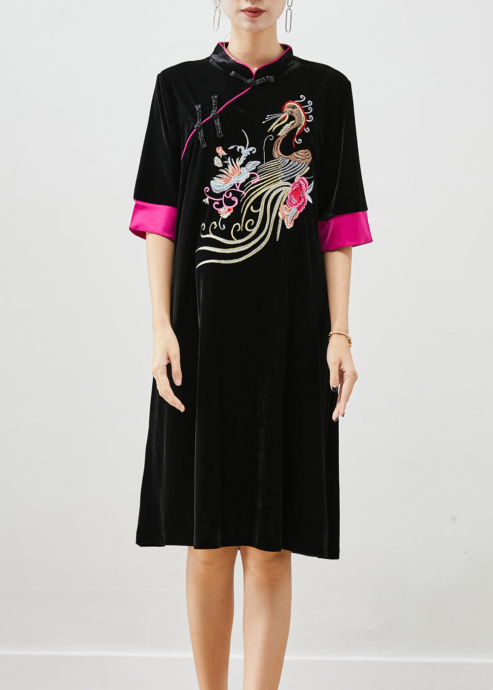 Classy Black Embroideried Silk Velour Dresses Half Sleeve