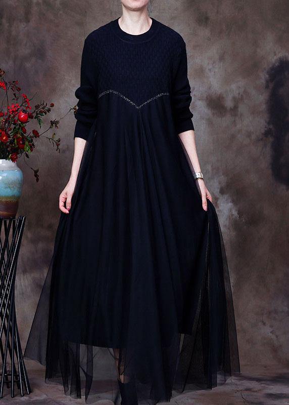 Classy Black Knit Patchwork Fall Sweater Dress - Omychic