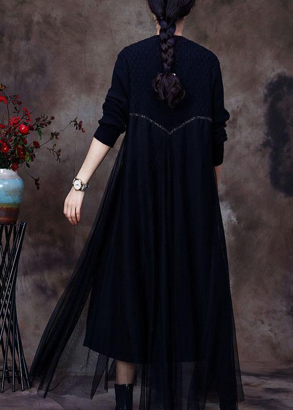 Classy Black Knit Patchwork Fall Sweater Dress - Omychic