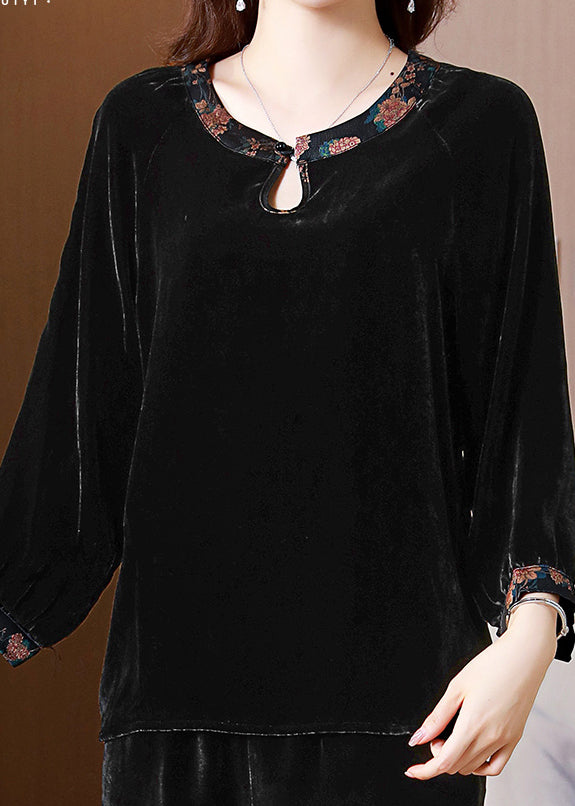 Classy Black O Neck Print Patchwork Silk Velour Shirt Spring