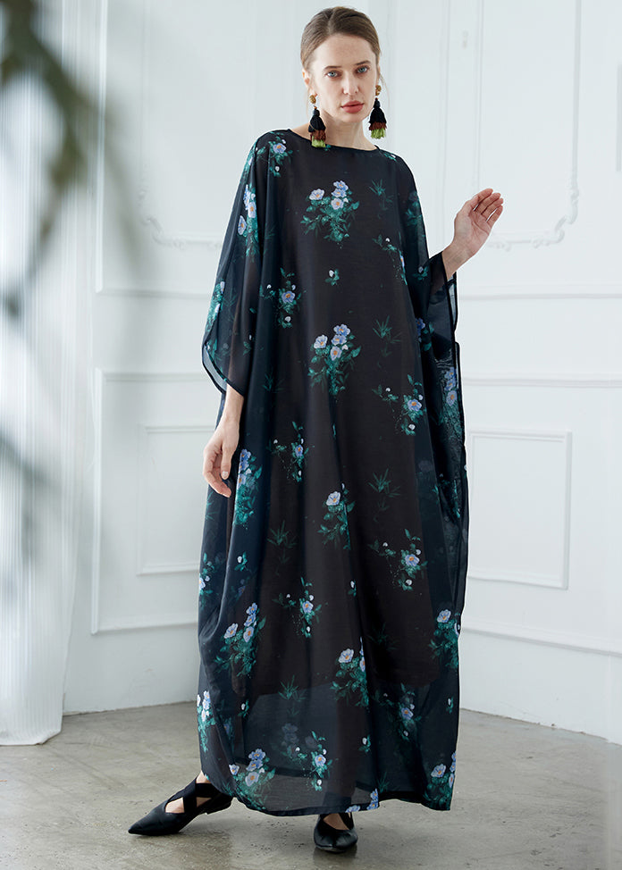 Classy Black O Neck Print Pockets Patchwork Cotton Robe Dresses Fall