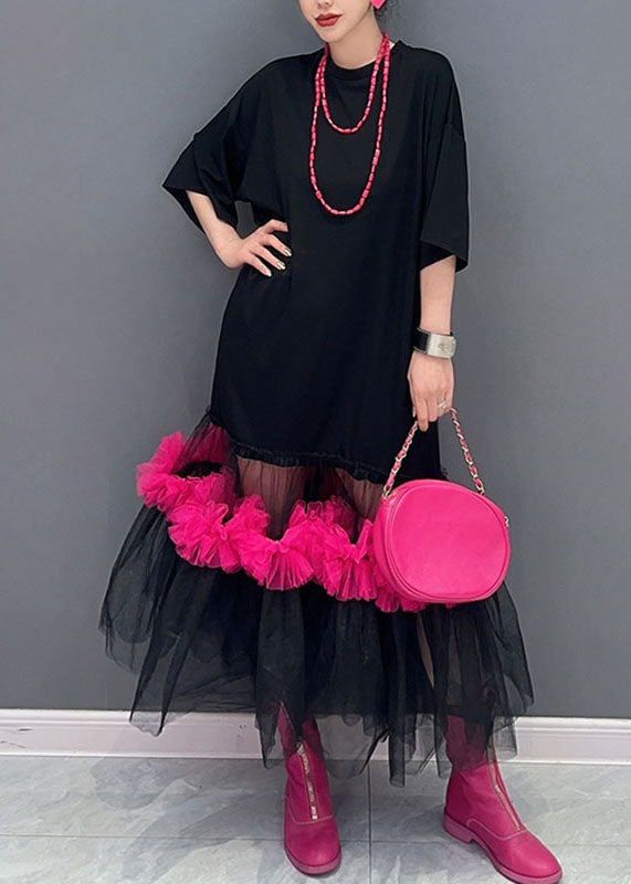 Classy Black O-Neck Tulle Patchwork Long T Shirts Dress Half Sleeve