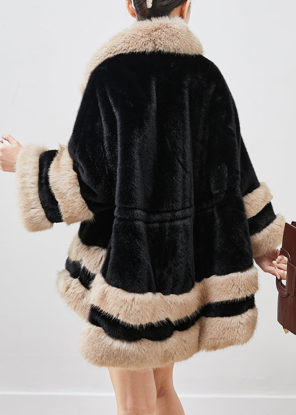 Classy Black Oversized Patchwork Faux Fur Trench Winter