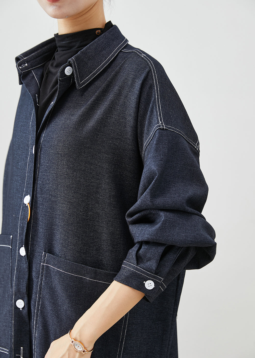 Classy Black Oversized Pockets Side Open Denim Trench Coats Fall