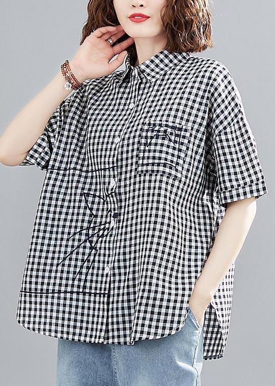 Classy Black Plaid Peter Pan Collar Pockets Cotton Linen Shirt Top Summer - Omychic