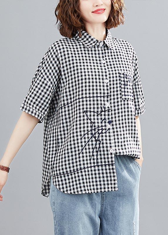 Classy Black Plaid Peter Pan Collar Pockets Cotton Linen Shirt Top Summer - Omychic