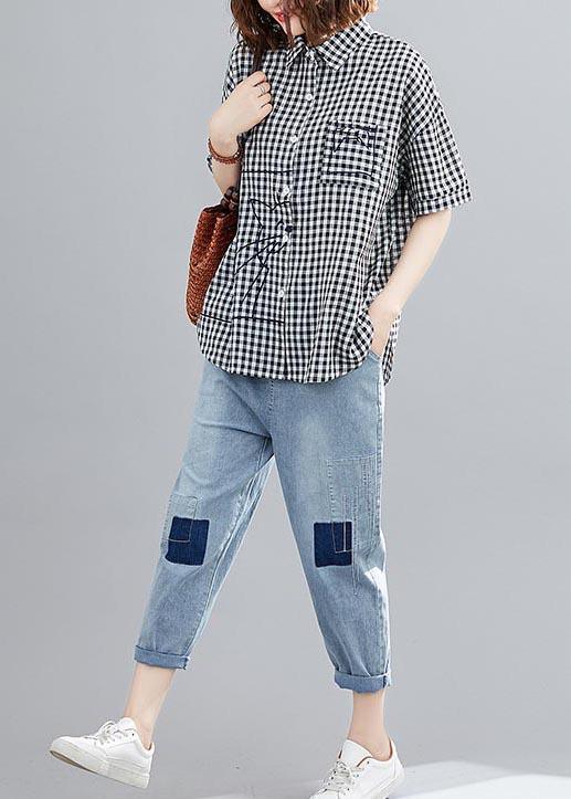 Classy Black Plaid Peter Pan Collar Pockets Cotton Linen Shirt Top Summer - Omychic