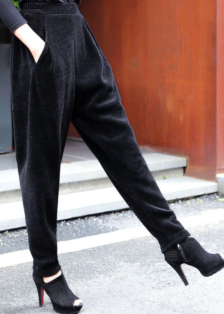 Classy Black Pockets wrinkled Thick Casual Winter Pants - Omychic