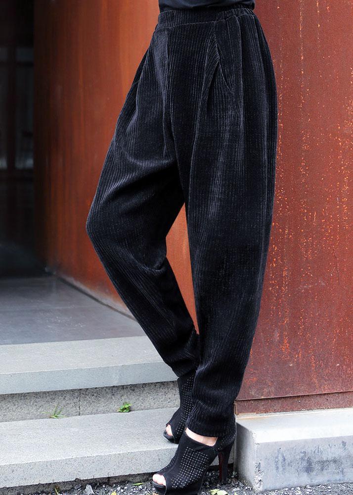 Classy Black Pockets wrinkled Thick Casual Winter Pants - Omychic