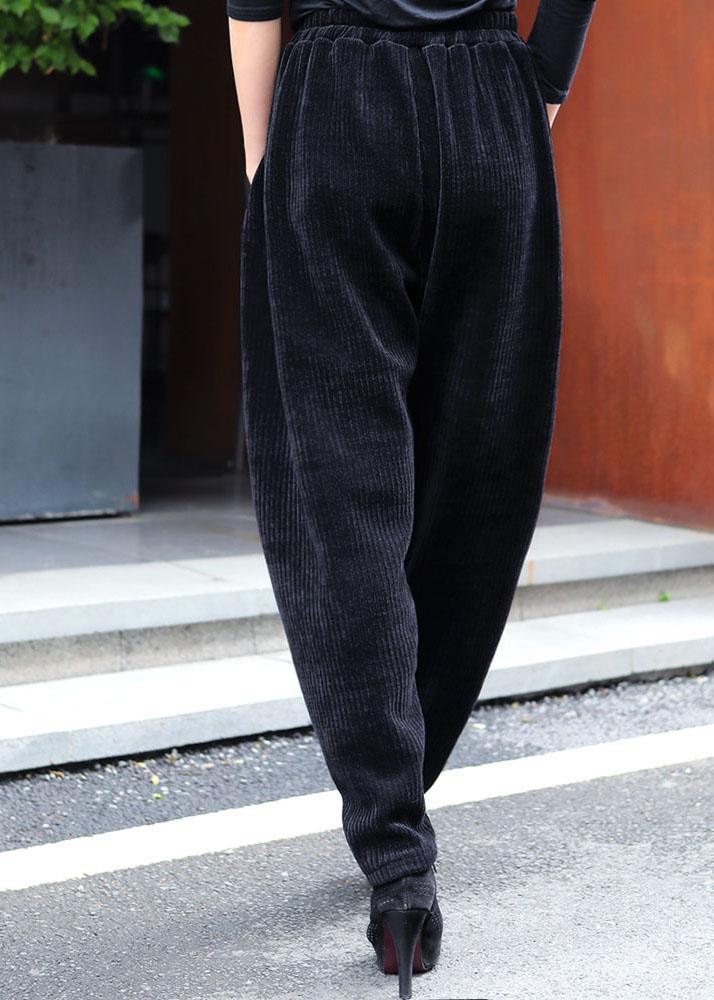 Classy Black Pockets wrinkled Thick Casual Winter Pants - Omychic