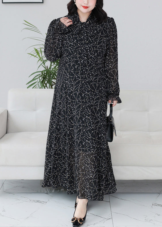 Classy Black Print Ruffled Chiffon Maxi Dresses Long Sleeve