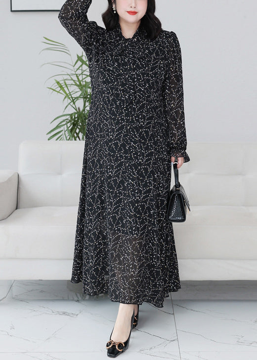 Classy Black Print Ruffled Chiffon Maxi Dresses Long Sleeve