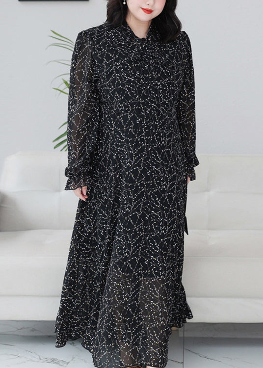 Classy Black Print Ruffled Chiffon Maxi Dresses Long Sleeve