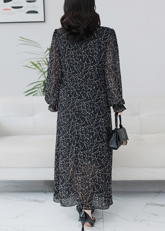 Classy Black Print Ruffled Chiffon Maxi Dresses Long Sleeve