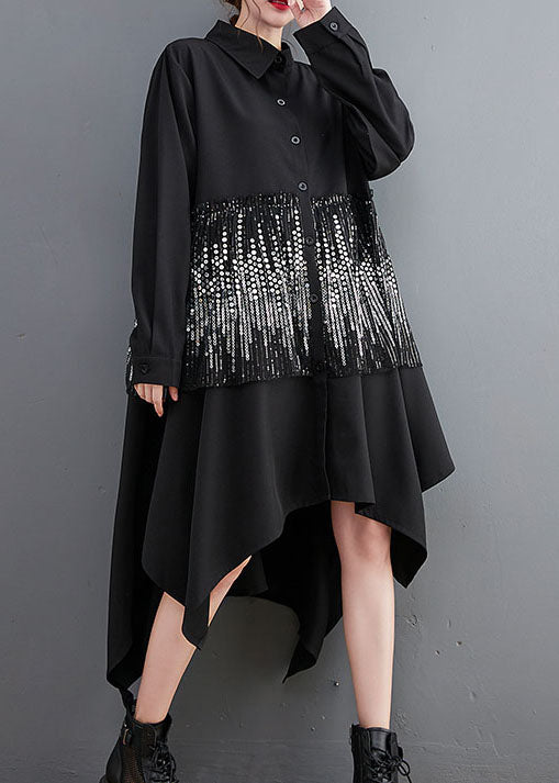 Classy Black Sequins asymmetrical design Dresses Spring