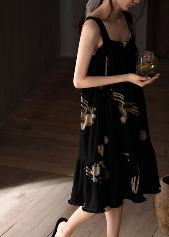 Classy Black Slash Neck Print Cotton Long Dresses Summer