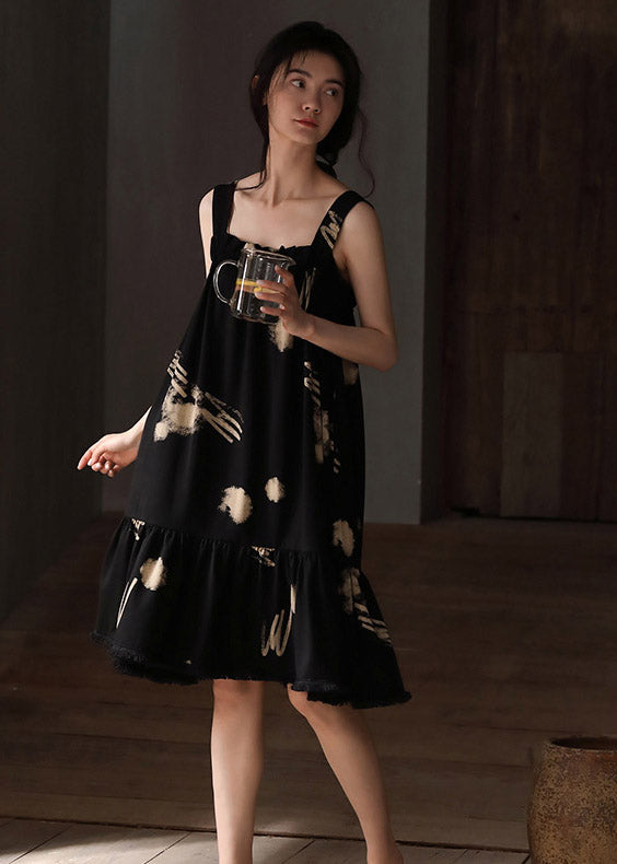 Classy Black Slash Neck Print Cotton Long Dresses Summer