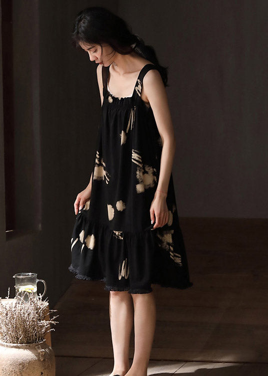 Classy Black Slash Neck Print Cotton Long Dresses Summer
