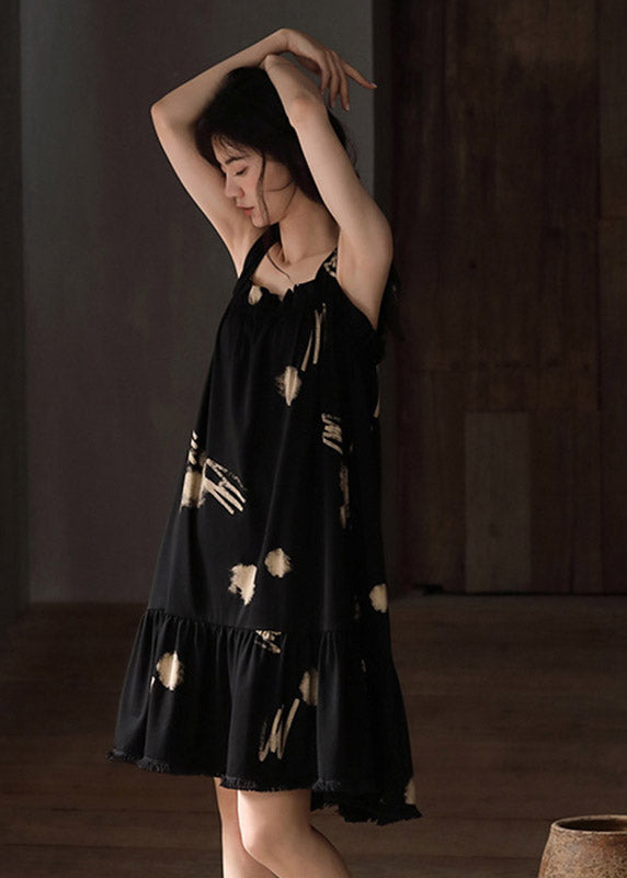 Classy Black Slash Neck Print Cotton Long Dresses Summer