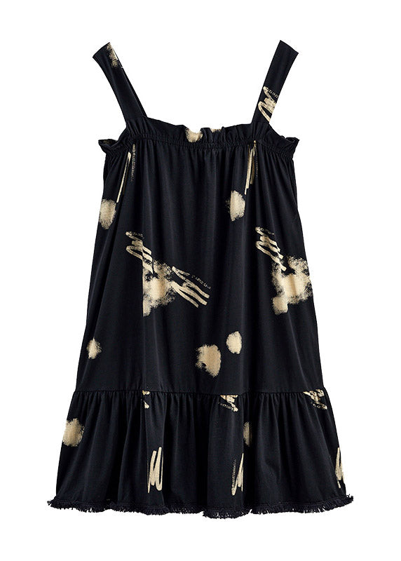 Classy Black Slash Neck Print Cotton Long Dresses Summer