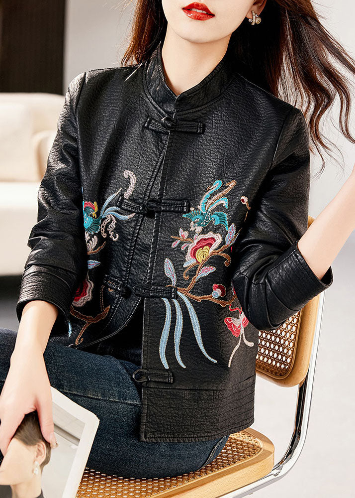 Classy Black Stand Collar Embroideried Floral Faux Leather Coats Long Sleeve