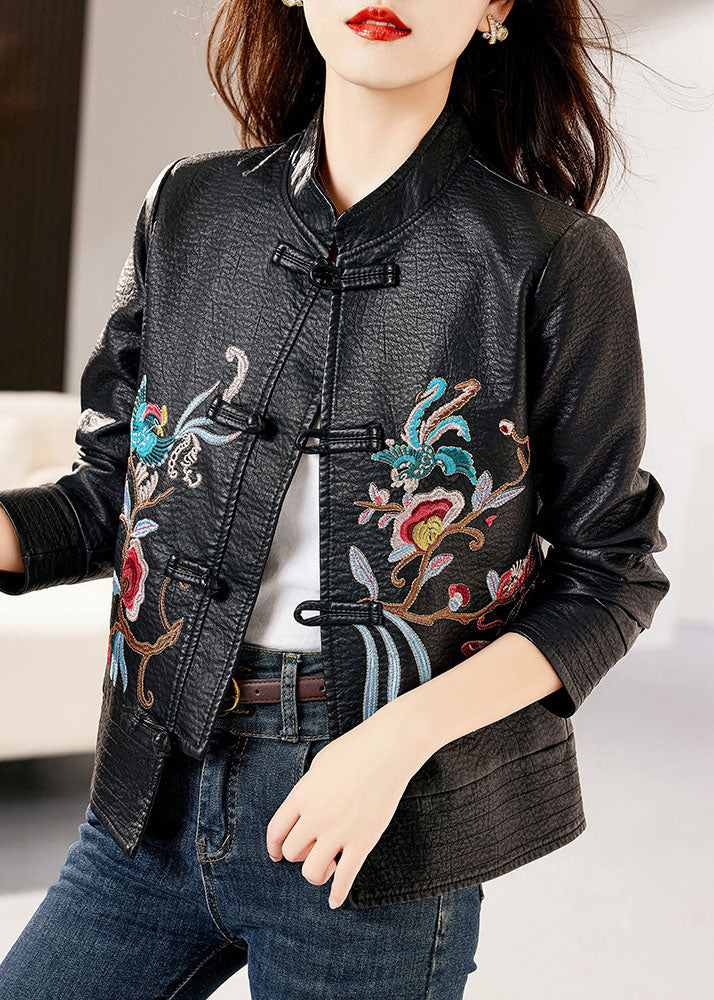 Classy Black Stand Collar Embroideried Floral Faux Leather Coats Long Sleeve