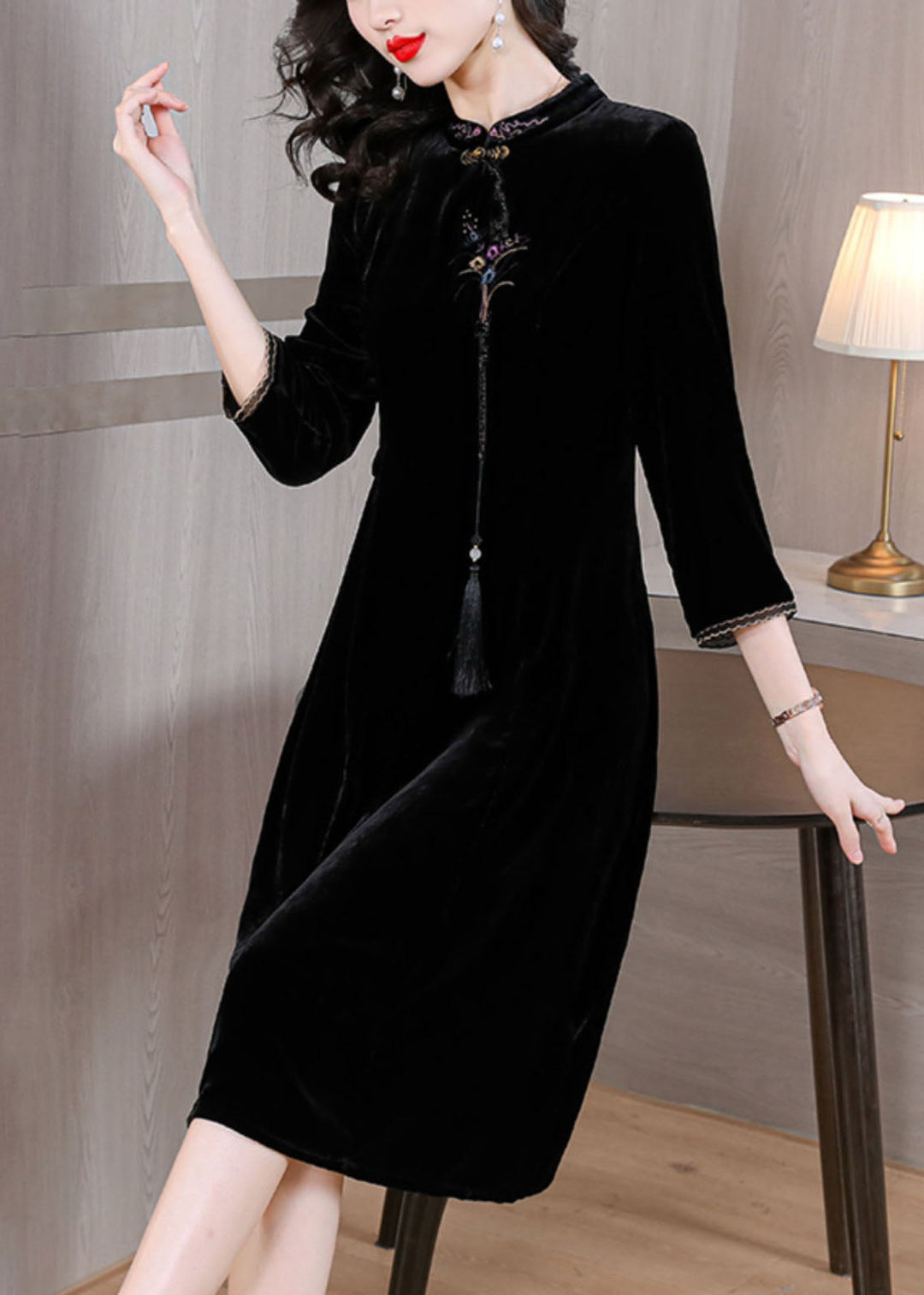 Classy Black Stand Collar Embroideried Floral Silk Velour Maxi Dress Fall